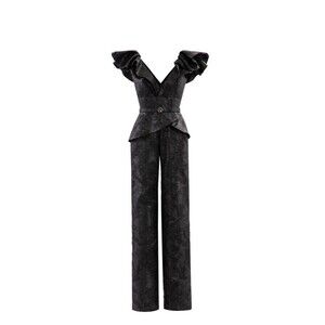 Saiid Kobeisy Dramatic Jet Black Brocade Jumpsuit - NWT